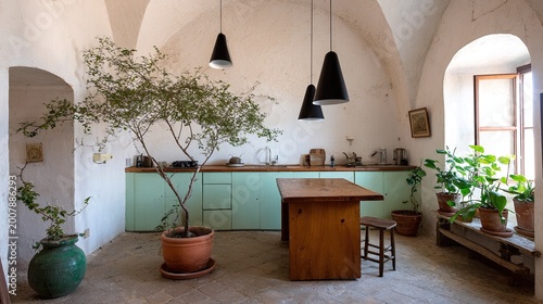 Rustic kitchen features arched ceilings, mint cabinets, and a large potted tree.