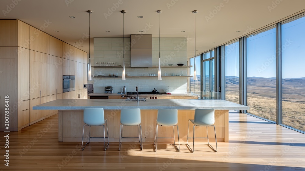 Obraz premium Modern kitchen with island and scenic mountain views through large windows.