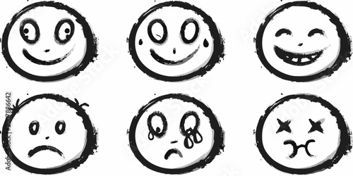 Canvas Print six black and white hand drawn smiley faces with dripping effect