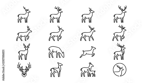 Schilderij op canvas Deer line icons set with silhouette animal and antler symbols in modern thin out