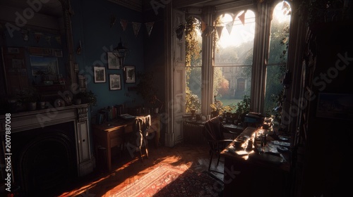 Sunlight streams into a room with a desk and fireplace.