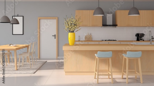 Modern kitchen and dining area with island and bar stools.