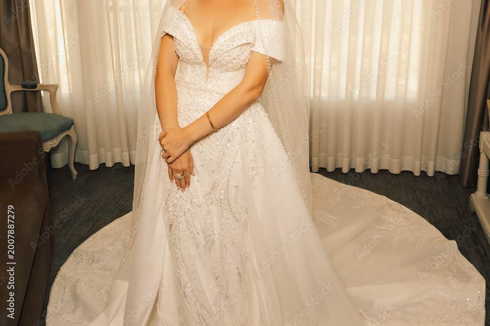 Fototapeta premium Bride in a white dress stands near bright window in a venue before wedding ceremony. bride stands by window wearing white dress with long veil. She is preparing for wedding ceremony