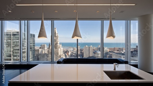 Modern kitchen island with sink overlooks city skyline and ocean view.