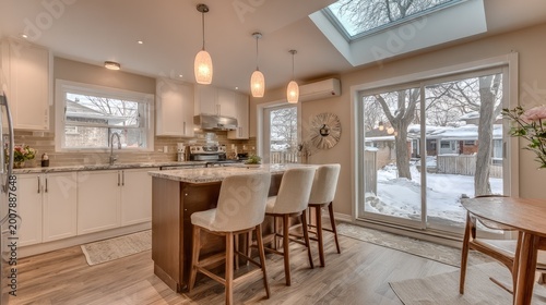 Modern kitchen with island and dining area overlooks a snowy backyard.
