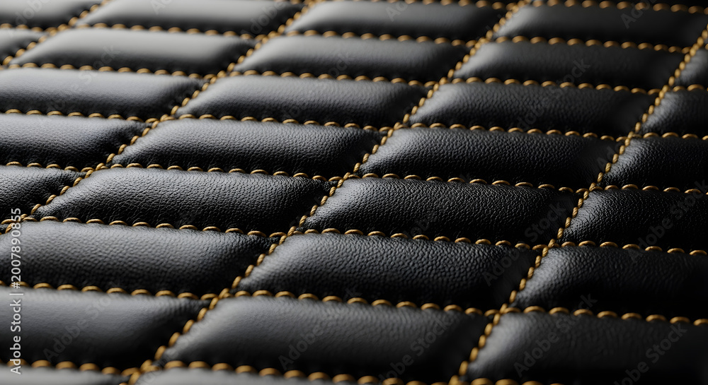 Obraz premium Black quilted leather upholstery with luxury yellow diamond pattern stitching