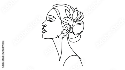  Continuous one line drawing of a woman face with lotus flower in hair for beauty salon logo and spa wellness branding.
