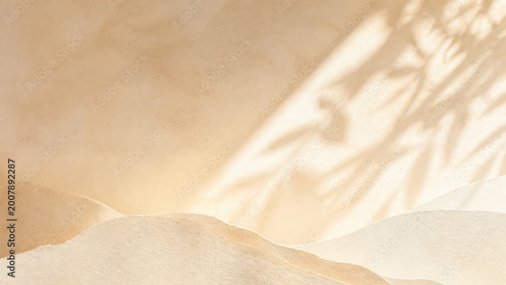 Minimalist Beige Aesthetic Background with Soft Leaf Shadows and Paper Waves