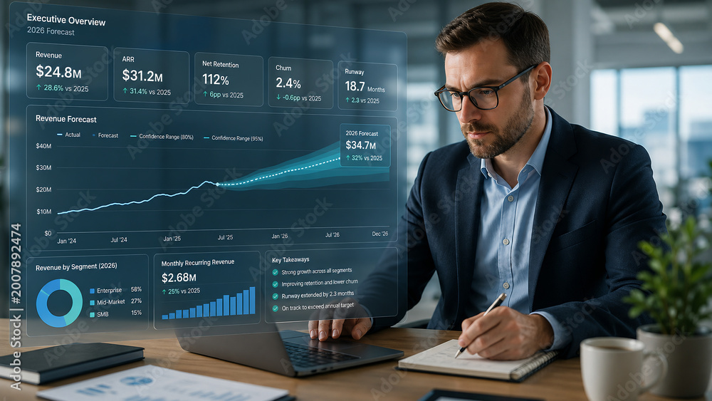 Businessman analyzing financial data on a futuristic holographic interface