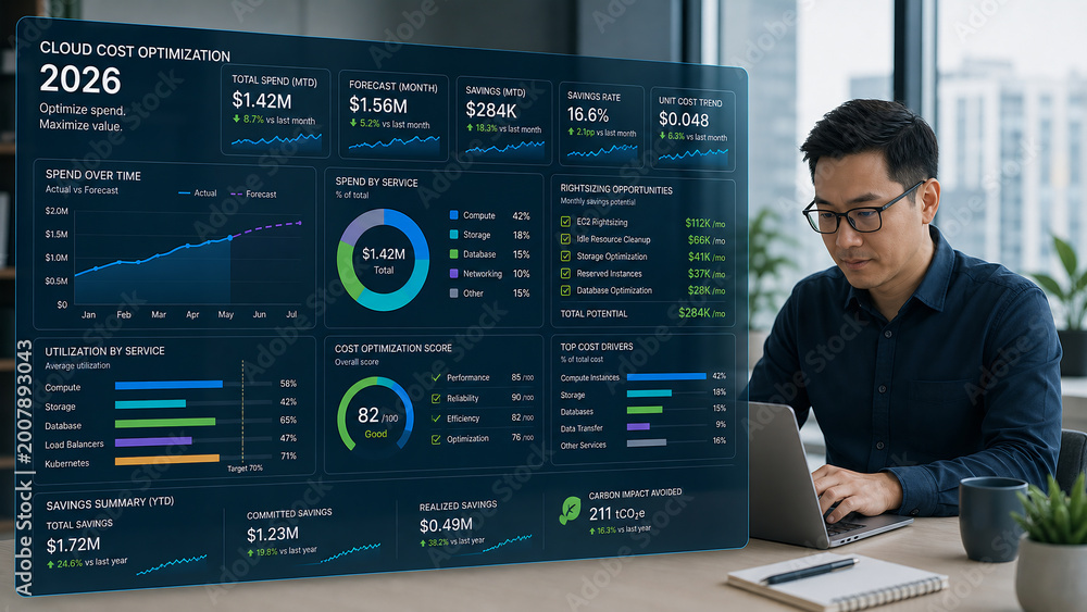 Businessman analyzing cloud cost optimization dashboard with futuristic holographic interface