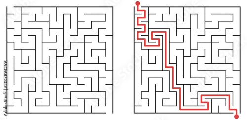 Easy square maze labyrinth for kids with solution path, black lines on white background. Simple puzzle game for children, educational activity, logic and problem solving