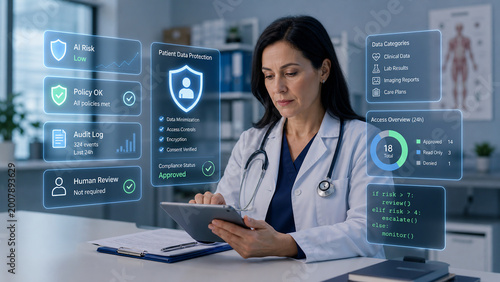 Female Doctor Using Tablet with Futuristic AI Healthcare Data Protection Interface