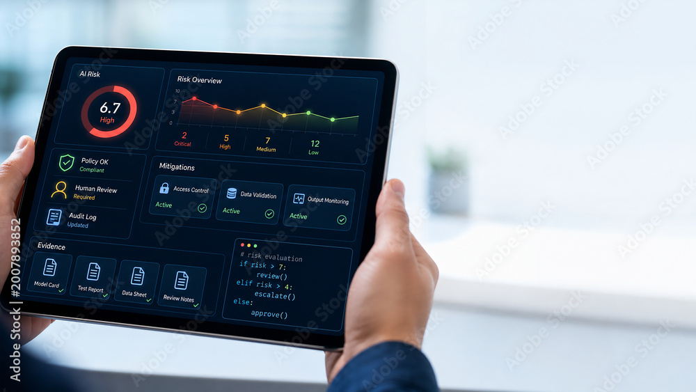 Person holding tablet displaying AI risk management dashboard with data analytics and security metrics