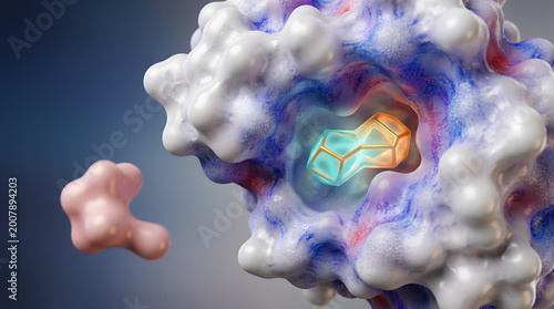 3D enzyme protein receptor binding site with drug molecule ligand docking closeup