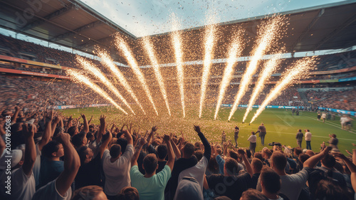Large crowd of people celebrating with sparklers in a packed stadium during