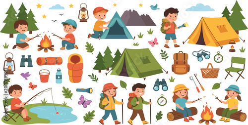 Quadro su tela Diverse children enjoying camping and hiking adventure vector illustration set w