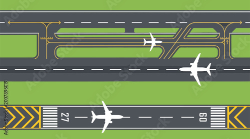 Schilderij op canvas Top view of airport runway and taxiway system with airplanes, plane moving on ta