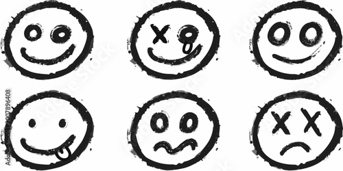 Tableau sur toile six black and white hand drawn smiley faces on a white background