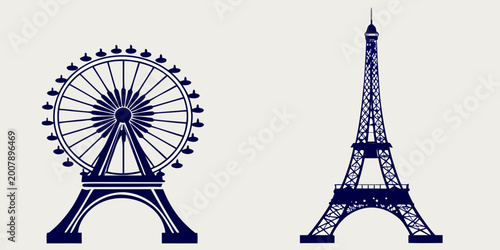 Foto paris landmark silhouettes eiffel tower and ferris wheel blue