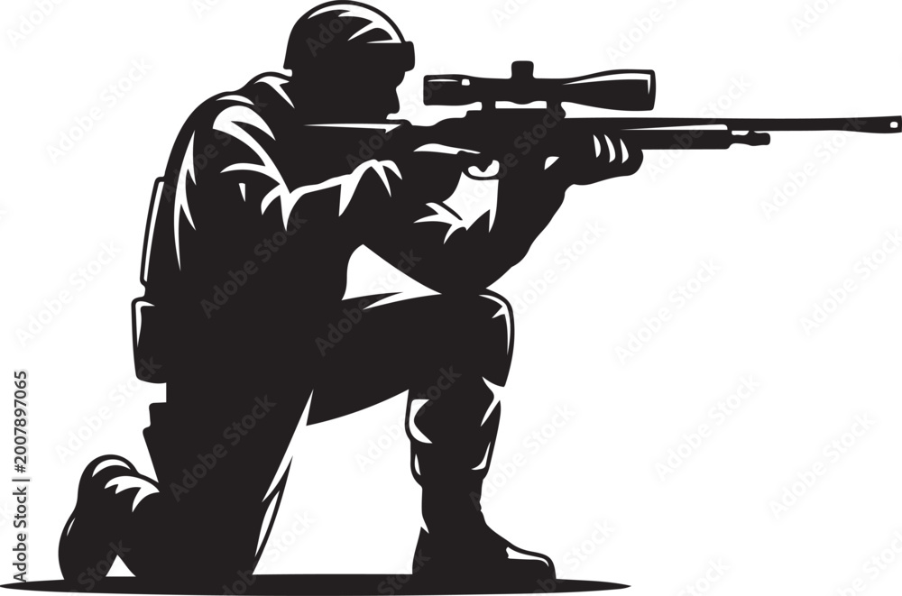Naklejka premium Soldier sniper silhouette kneeling rifle aiming. logo Vector Black silhouettes