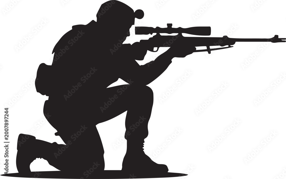 Naklejka premium Soldier sniper silhouette kneeling rifle aiming. logo Vector Black silhouettes