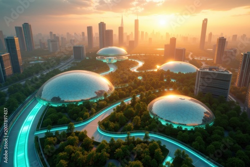 Futuristic Cityscape with Green Spaces and Glowing Roads at Sunset