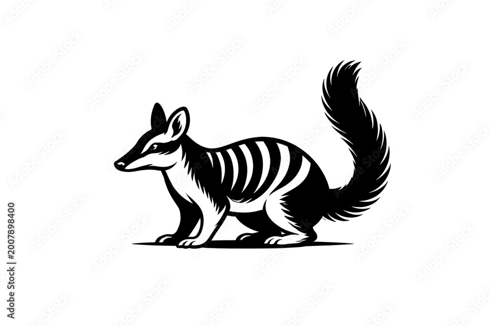 Fototapeta premium A black and white illustration of a quoll with a long bushy tail and distinctive stripes on its back in a natural pose.