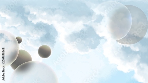 Foto Spheres float amidst fluffy clouds in a serene sky scene.