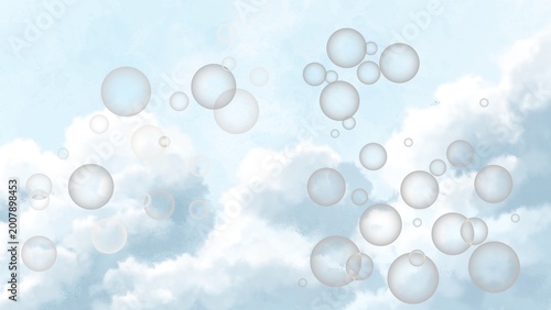 Photos Soap bubbles float gently across a serene blue sky with fluffy white clouds