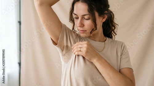 Woman checking her underarm sweat.