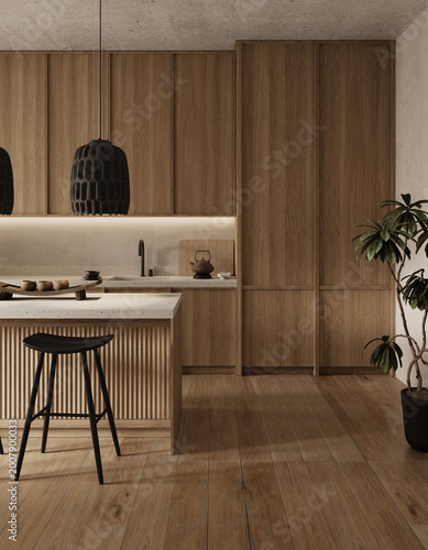 Warm contemporary kitchen with central island, vertical wooden panels and soft ambient lighting creating cozy residential atmosphere.