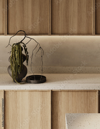Photography Minimal kitchen detail with wooden cabinetry, countertop decor and soft backlighting highlighting textures and materials