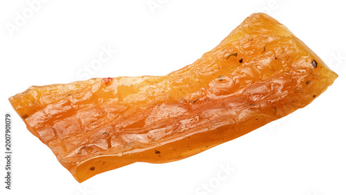 Fotografie chicken Jerky, dried meat isolated, full depth of field