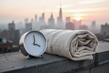 Alarm clock and folded blanket on rooftop at sunrise with city skyline
