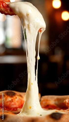 Delicious pizza slice being lifted with long strings of melted mozzarella cheese stretching from the pizza while displaying appetizing food and restaurant ambiance with bokeh lights