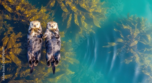 High-angle view of two sea otters floating on their backs in clear turquoise water surrounded by a lush golden kelp forest. A beautiful scene of marine wildlife in their natural habitat.