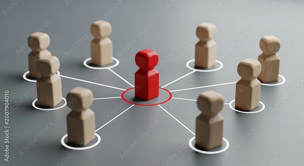 Obraz premium A striking visual of a red leadership figure connected to beige wooden team members, symbolizing teamwork, hierarchy, and collaboration in a modern business setting. Ideal for corporate, marketing, an