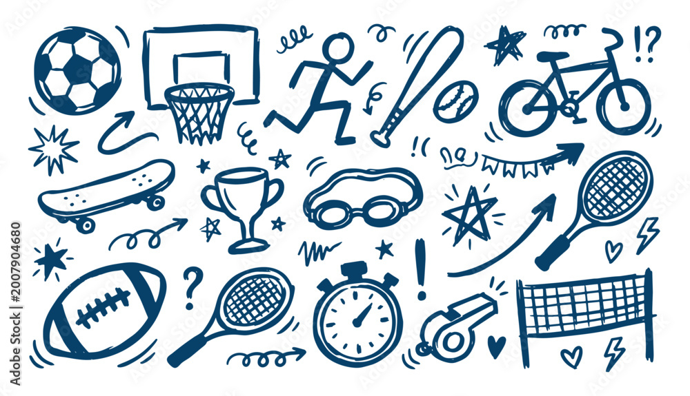 Naklejka premium Cute hand drawn doodle set of various sports equipment including soccer ball basketball skateboard and bicycle in blue vector line art style