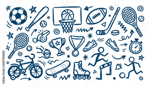 Photography Whimsical hand drawn sports icons doodle set with active figures trophy medal an