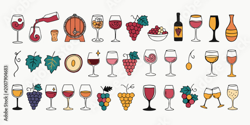 Bild auf Leinwand Wine and winemaking colored icons set, flat style vector illustration of grape,
