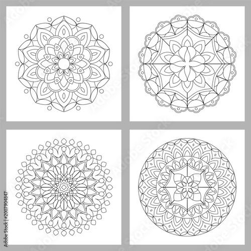 Asian floral mandalas set for adults coloring book. Vector ethnic circular ornaments. Black and white linear illustrations