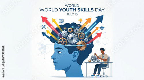 Conceptual human head profile with gears and upward arrows for world youth skills day banner and engineering expertise mental growth concept
