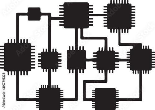 Foto Circuit board, electronic components, black and white, vector illustration, tech