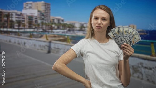 Woman holding fan of dollars, hand on hip, pointing with other hand on street; confidence bragging attitude.