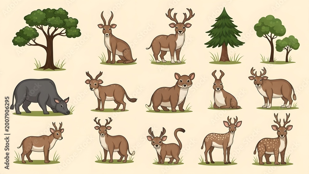 Fototapeta premium Cartoon illustration of various deer species, a wild boar, and different types of trees in a natural setting.
