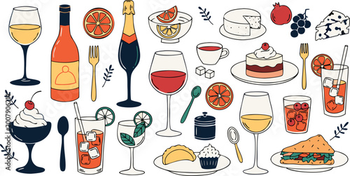 Fotografija Set of colorful hand drawn summer alcoholic beverages, food, desserts, fruits an