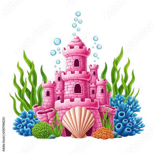 A pink castle under the sea with seaweed and coral isolated on transparent background, PNG
