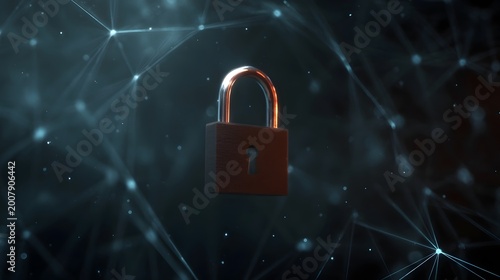 A glowing padlock centered within a dark futuristic network of interconnected nodes and lines symbolizing digital security and protection
