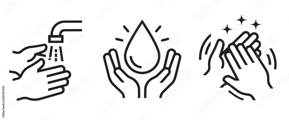 Fototapeta premium Hand washing icons hygiene and cleanliness personal care public health medical care water drop