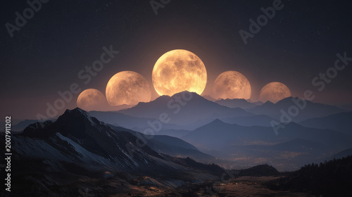 Five moons rising over a mountain range at night creating a surreal and dreamy landscape scene